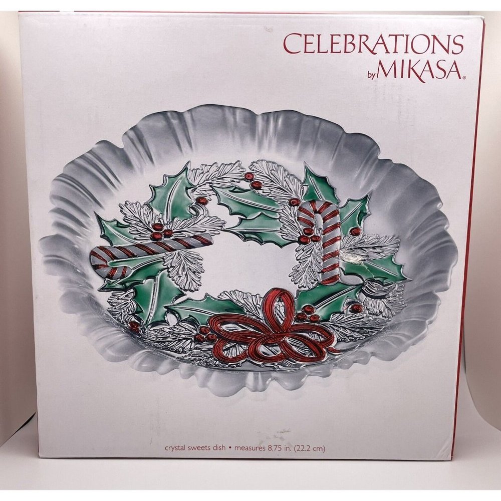 Mikasa Crystal Festive Wreath Collection Sweet Dish NEW Christmas 8 3/4”